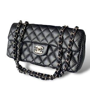 Chanel East West Classic Shoulder Flap Bag Black Quilted Perforated Leather